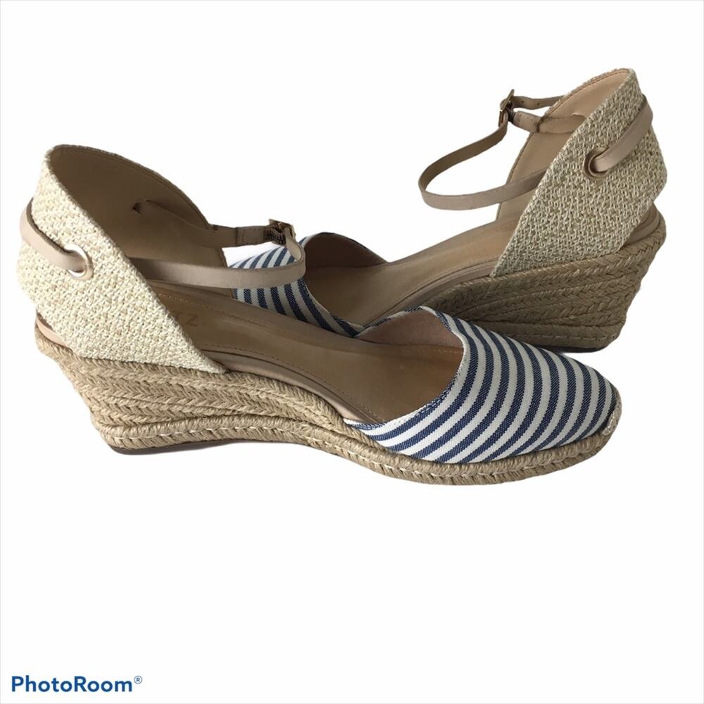 Schutz Sailor Navy White Striped Wedge Heel Espadrille Sandals size 9.5